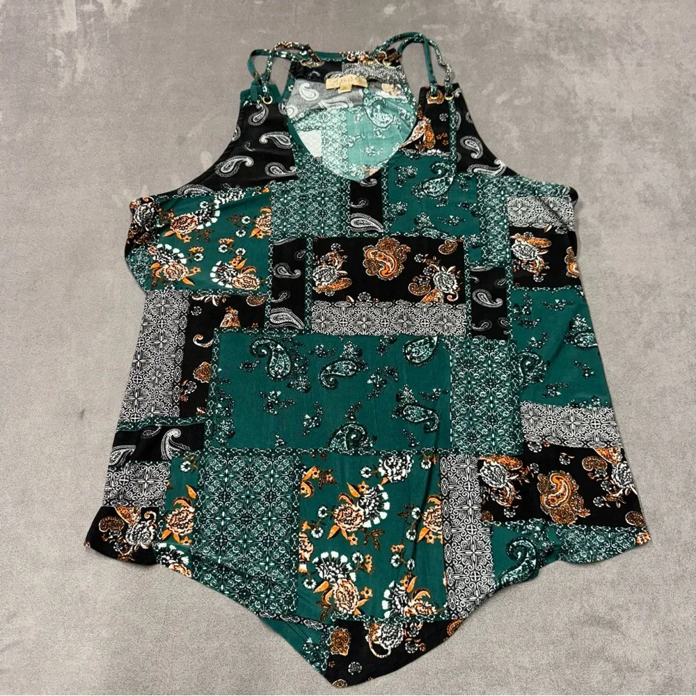 Lavish Green Black Patchwork paisley print handkerchief hem cami Tank Top XL - Picture 2 of 8